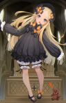  1girl abigail_williams_(fate) bangs black_bow black_dress black_headwear blonde_hair blue_eyes blush bow breasts dress fate/grand_order fate_(series) forehead full_body hair_bow hat highres long_hair long_sleeves looking_at_viewer multiple_bows open_mouth orange_bow parted_bangs polka_dot polka_dot_bow ribbed_dress sleeves_past_fingers sleeves_past_wrists small_breasts solo stuffed_animal stuffed_toy teddy_bear white_bloomers yumuku 