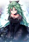  1girl absurdres alternate_costume artist_name baileys_(tranquillity650) black_dress black_gloves black_ribbon blush collarbone commentary_request dress elbow_gloves gloves green_eyes green_hair hair_between_eyes hair_ribbon highres kantai_collection long_hair looking_at_viewer ponytail ribbon signature solo twitter_username yamakaze_(kancolle) 
