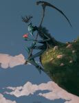  1other absurdres anato_finnstark blue_sky cape cliff crown day from_side giant highres holding holding_scythe huge_filesize monster original outdoors red_cape scythe sky sword weapon 