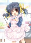  1girl apron blazer blue_hair blue_jacket brown_eyes clannad collared_shirt commentary_request cowboy_shot dress_shirt frilled_apron frills hair_ribbon highres hinata_nonoka jacket kitchen ladle long_hair looking_at_viewer one_eye_closed ribbon saucer shirt smile solo sunohara_mei twintails white_apron white_shirt yellow_ribbon 