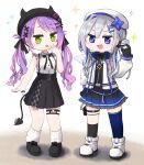  2girls :d amane_kanata angel beret blush chibi demon_girl demon_tail fang feathered_wings full_body hat highres hololive looking_at_another multiple_girls open_mouth purple_hair silver_hair smile tail tokoyami_towa tonton_(tonz159) virtual_youtuber wings 