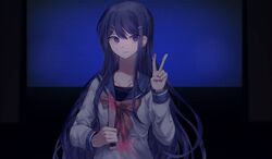  1girl bangs blood bloody_clothes blue_background blue_eyes blue_hair blue_sailor_collar blurry blurry_background bow collarbone crying dangan_ronpa:_trigger_happy_havoc dangan_ronpa_(series) dark_background hair_ornament hairclip holding holding_knife holding_weapon ipeulo knife long_hair looking_at_viewer maizono_sayaka pink_blood pink_bow pink_neckwear sailor_collar school_uniform serafuku solo upper_body v weapon 