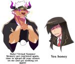  1boy 1girl animal_ears blush brown_fur camouflage camouflage_headwear cow_ears cow_horns cropped_torso dick_flattening english_text furry highres horns lisuchi master_2_(tokyo_houkago_summoners) meme minotaur one_eye_closed own_hands_together parody purple_horns shennong_(tokyo_houkago_summoners) short_hair tokyo_houkago_summoners violet_eyes white_hair 