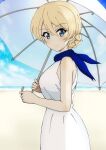  1girl bangs bare_shoulders beach blonde_hair blue_eyes blue_neckwear blue_sky blush braid breasts bukkuri clouds darjeeling_(girls_und_panzer) dress eyebrows_visible_through_hair from_side girls_und_panzer hair_between_eyes highres holding holding_umbrella looking_at_viewer neckerchief ocean sky sleeveless sleeveless_dress smile solo swept_bangs transparent transparent_umbrella umbrella white_dress 