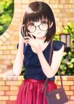  1girl bag bangs black-framed_eyewear black_hair blurry blurry_background brick_wall brown_eyes day earrings glasses hami_(hami-gerden) hand_in_hair handbag hands_up highres jewelry looking_at_viewer original outdoors red_skirt skirt 