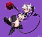  1girl alternate_costume arm_behind_head arm_up bangs beelzebub_(helltaker) black_legwear blush breasts cheerleader commentary crop_top demon_girl demon_horns demon_tail gaak11977 grey_hair helltaker holding horns large_breasts looking_at_viewer over-kneehighs parted_lips pom_poms purple_background red_eyes shirt shoes short_hair simple_background skindentation solo tail thigh-highs under_boob white_hair white_horns 