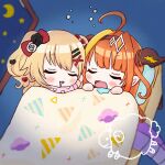  2girls akai_haato bangs blonde_hair blush bow chibi closed_eyes commentary_request crescent_moon dragon_girl dragon_horns dragon_tail drooling hair_bow hair_ornament heart heart_hair_ornament highres hololive horns kaniq kiryu_coco moon multiple_girls open_mouth orange_hair pillow pointy_ears saliva sleeping tail under_covers virtual_youtuber 