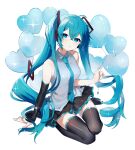  1girl absurdres ahoge balloon bangs bare_shoulders black_footwear black_skirt black_sleeves blue_eyes blue_hair blue_necktie boots cha_sakura collared_shirt crossed_bangs detached_sleeves dot_nose grey_shirt hand_on_floor hatsune_miku heart_balloon highres long_hair looking_at_viewer necktie parted_lips pleated_skirt seiza shirt simple_background sitting skirt sleeveless sleeveless_shirt solo sparkle thigh_boots twintails very_long_hair vocaloid white_shirt 
