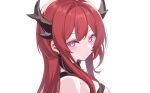  1girl arknights bare_shoulders blush close-up eyeliner highres horns long_hair looking_at_viewer makeup redhead simple_background solo spider_apple surtr_(arknights) violet_eyes white_background 