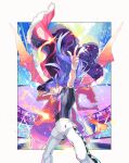  1boy arm_up bangs baseball_cap border cape champion_uniform charizard closed_mouth clouds commentary_request day facial_hair fire fur-trimmed_cape fur_trim gen_1_pokemon hat highres knees kusuribe leggings legs_apart leon_(pokemon) long_hair looking_at_viewer male_focus number outside_border pokemon pokemon_(creature) pokemon_(game) pokemon_swsh pose purple_hair red_cape shirt short_shorts short_sleeves shorts sky smile sparkle stadium w white_legwear white_shorts white_wristband yellow_eyes 