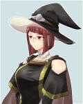  1girl bare_shoulders breasts brown_eyes cape fire_emblem fire_emblem_awakening glasses grey_background hat highres large_breasts looking_to_the_side medium_hair miriel_(fire_emblem) redhead shougayaki_(kabayaki_3) solo turtleneck upper_body witch_hat 