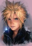  1boy blonde_hair blue_eyes closed_mouth cloud_strife earrings face final_fantasy final_fantasy_vii hankuri jewelry lips looking_at_viewer male_focus solo spiky_hair zipper 