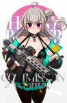  1girl absurdres ahoge bikini bikini_top black_bikini black_gloves blush breasts character_request clenched_hand collarbone commission eyebrows_visible_through_hair eyeshadow fingerless_gloves floating_hair girls_frontline gloves grey_hair gun highres holding holding_gun holding_weapon iwasawayuki long_hair makeup off_shoulder red_eyeshadow side_bun skeb_commission small_breasts smile solo swimsuit trigger_discipline violet_eyes watermark weapon 
