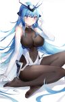  1girl absurdres azur_lane bangs bare_shoulders black_bodysuit blue_hair blush bodystocking bodysuit chinese_commentary commentary_request covered_navel elbow_gloves eyebrows_visible_through_hair feet full_body gloves hand_up headgear highres leotard long_hair looking_at_viewer new_jersey_(azur_lane) no_shoes sitting solo very_long_hair violet_eyes white_gloves white_leotard xiongshouji 