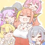  &gt;o&lt; 5girls ahoge amane_kanata angel arm_around_neck arm_up bangs bare_shoulders bibi_(tokoyami_towa) black_bow black_headwear black_ribbon blonde_hair blue_hair blush_stickers bow breasts camisole closed_eyes colored_inner_hair commentary_request curled_horns demon_girl demon_horns diagonal-striped_bow dragon_girl dragon_horns drooling ear_piercing eyebrows_visible_through_hair fake_horns fang hair_bow hair_bun hair_intakes hair_ornament hair_ribbon hairclip hand_on_another&#039;s_shoulder hands_on_another&#039;s_head happy himemori_luna hololive horn_bow horns jacket jewelry kiryu_coco long_hair long_sleeves medium_breasts multicolored_hair multiple_girls nekoyama off_shoulder official_alternate_costume open_clothes open_jacket open_mouth orange_hair partially_unzipped pendant piercing pink_hair princess purple_hair red_jacket ribbon sheep_girl sheep_horns silver_hair simple_background skin_fang sleeves_past_fingers sleeves_past_wrists striped striped_bow tokoyami_towa track_jacket tsunomaki_watame twintails upper_body virtual_youtuber white_camisole white_jacket white_neckwear x_hair_ornament yellow_background 