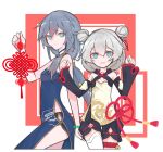  2girls black_hair blue_eyes china_dress chinese_clothes chinese_new_year closed_mouth double_bun dress error1980 fu_hua fu_hua_(valkyrie_accipter) hair_between_eyes highres holding honkai_(series) honkai_impact_3rd long_sleeves looking_at_viewer multiple_girls new_year open_mouth ponytail simple_background smile theresa_apocalypse theresa_apocalypse_(valkyrie_pledge) white_background white_hair 