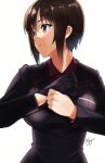  1girl adjusting_clothes adjusting_gloves artist_name bangs black_gloves black_jacket brown_eyes brown_hair commentary dress_shirt girls_und_panzer gloves jacket kuromorimine_military_uniform long_sleeves looking_to_the_side military military_uniform nishizumi_maho parted_lips red_shirt saikawa_yusa shirt short_hair signature simple_background solo uniform upper_body white_background wing_collar 