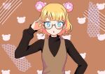  1girl animal_ears blonde_hair blue_eyes brown_background glasses highres libera_pri minami_mirei open_mouth patterned_background pretty_(series) pripara short_hair solo sweater turtleneck turtleneck_sweater vest 