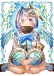  1girl absurdres amane_kanata armband bangs blue_bow blue_flower blue_hair blue_neckwear blush bow bowtie commentary_request detached_wings eyebrows_visible_through_hair eyes_visible_through_hair feet_out_of_frame flower hair_over_one_eye halo highres hololive long_sleeves looking_at_viewer multicolored_hair pink_hair plaid plaid_legwear rin31153336 shirt sitting socks solo star_halo streaked_hair turtleneck violet_eyes virtual_youtuber wariza white_hair white_shirt wide_sleeves wings 