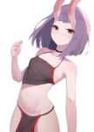  1girl absurdres bangs black_fundoshi blush bob_cut breasts chinese_clothes choker dudou eyeliner fate/grand_order fate_(series) gadeung_hye highres horns looking_at_viewer makeup navel oni oni_horns pelvic_curtain purple_hair short_hair shuten_douji_(fate) simple_background skin-covered_horns small_breasts solo violet_eyes 