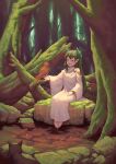  1girl barefoot bigrbear bird bracelet cat forest green_hair highres jewelry long_hair nature open_mouth original outdoors outstretched_hand pointy_ears robe rock shiny shiny_hair sitting solo tree violet_eyes white_robe 