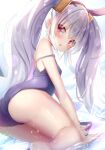  1girl :o animal_ears ass azur_lane bangs bare_arms bare_shoulders blue_swimsuit blush commentary_request eyebrows_visible_through_hair grey_hair hair_between_eyes hairband highres hose kneeling laffey_(azur_lane) long_hair looking_at_viewer looking_back natuna_natu one-piece_swimsuit parted_lips rabbit_ears red_eyes red_hairband school_swimsuit solo strap_slip swimsuit twintails very_long_hair water 