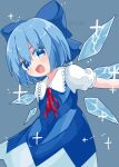  1girl :d absurdres bangs blue_bow blue_dress blue_eyes blue_hair bow cirno cowboy_shot dress hair_bow highres ice ice_wings kiregimi_pingu looking_at_viewer neck_ribbon open_mouth red_neckwear ribbon shirt short_hair short_sleeves simple_background smile solo standing touhou twitter_username white_shirt wings 
