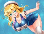  1girl blonde_hair blue_background blue_eyes blue_swimsuit breasts covered_nipples glasses hat honda_takaharu huge_breasts i-8_(kancolle) kantai_collection large_breasts low_twintails medium_hair name_tag one-piece_swimsuit peaked_cap sailor_hat school_swimsuit semi-rimless_eyewear swimsuit thigh-highs twintails wet wet_clothes wet_swimsuit white_legwear 