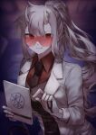  1girl bangs blurry blurry_background blush breasts coat collared_shirt commentary_request demon_girl demon_tail formal gloves goggles grey_hair helltaker holding horns ipeulo labcoat long_hair long_sleeves looking_at_viewer loremaster_(helltaker) mechanical_arms necktie open_clothes open_coat pale_skin ponytail red_eyes red_shirt shirt smile solo sweat tail upper_body white_gloves white_horns 