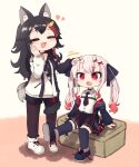  2girls :d ^_^ animal_ears black_hair blush chibi closed_eyes fang full_body headpat highres hololive horns multiple_girls nakiri_ayame oni oni_horns ookami_mio open_mouth sitting smile tail tail_around_leg tail_wrap tonton_(tonz159) twintails virtual_youtuber wolf_ears wolf_girl wolf_tail 