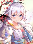  1girl bangs blue_eyes closed_mouth fan hair_between_eyes hair_ornament highres holding honkai_(series) honkai_impact_3rd long_hair long_sleeves looking_at_viewer petals sellf solo sunset theresa_apocalypse theresa_apocalypse_(starlit_astrologos) tree_branch white_hair zhuge_kongming_(honkai_impact) 