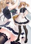  1girl absurdres alternate_costume apron black_dress black_footwear black_legwear dress enmaided green_panties hair_bun highres kantai_collection light_brown_hair loafers maid maid_apron maid_headdress makura_(user_jpmm5733) michishio_(kancolle) panties puffy_sleeves shoes short_dress short_sleeves short_twintails thigh-highs twintails underwear waist_apron white_apron yellow_eyes 