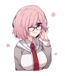  1girl ayanobro blush breasts fate/grand_order fate_(series) glasses hair_over_one_eye hand_on_own_face highres large_breasts mash_kyrielight necktie pink_hair short_hair smile violet_eyes 