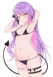  1girl :d adjusting_hair armpits arms_up bangs bare_arms bikini black_bikini black_ribbon black_swimsuit blush breasts chocomaru collarbone demon_tail earrings eyebrows_visible_through_hair green_eyes groin hair_down hair_ribbon halterneck highres hololive jewelry long_hair looking_at_viewer multicolored_hair navel navel_piercing open_mouth piercing ribbon side_ponytail simple_background skindentation small_breasts smile solo swimsuit tail tattoo thigh_strap thigh_tattoo tokoyami_towa two-tone_hair under_boob very_long_hair virtual_youtuber white_background 
