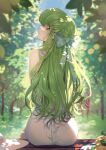  1girl blue_ribbon c.c. code_geass creayus dress from_behind green_hair hair_ribbon hat hat_removed headwear_removed highres long_hair looking_at_viewer looking_back nature noise outdoors ribbon sitting sleeveless sleeveless_dress solo symbol_commentary tree white_dress yellow_eyes 