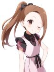  1girl absurdres alternate_hairstyle black_border border bow brown_eyes brown_hair buchi_(y0u0ri_) closed_mouth collared_dress dress hair_bow hair_up hand_on_hip head_tilt highres idolmaster idolmaster_(classic) long_hair looking_at_viewer minase_iori one_eye_closed pink_dress ponytail simple_background sleeveless sleeveless_dress smile solo standing upper_body white_background 