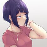  1girl bangs blue_eyes blunt_bangs blush boku_no_hero_academia breasts commentary_request grey_background hand_in_hair hand_up highres jirou_kyouka kobaji medium_breasts pink_shirt purple_hair shirt short_hair short_sleeves simple_background solo torn_clothes torn_shirt upper_body violet_eyes 