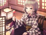  1girl grey_eyes grey_hair hakama hasumi_(hasubatake39) highres huge_filesize indoors japanese_clothes kimono lap_pillow_invitation low_twintails mimikaki obi original print_kimono red_hakama sash short_twintails sitting solo tatami twintails wide_sleeves 