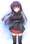  1girl arm_under_breasts black_sweater breast_hold breasts casual contemporary cowboy_shot eyebrows_visible_through_hair highres hourai_susugu large_breasts long_hair looking_at_viewer malariya purple_hair quiz_magic_academy ribbed_sweater single_horizontal_stripe solo sweater thigh-highs violet_eyes 