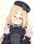  1girl back_bow bangs beret black_dress black_headwear blonde_hair bow closed_mouth commentary_request doll_joints double_w dress eyebrows_visible_through_hair glasses hands_up hat hat_bow head_tilt highres joints long_hair long_sleeves looking_at_viewer low_twintails ogami_kazuki orange_eyes original parted_bangs puffy_long_sleeves puffy_sleeves round_eyewear sleeves_past_wrists solo thick_eyebrows twintails upper_body w yellow_eyes 