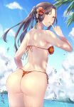  1girl absurdres ass back bare_arms bikini blue_sky breasts brown_eyes brown_hair clouds commentary_request day dead_by_daylight eyebrows_visible_through_hair feng_min flower from_behind hair_flower hair_ornament highres long_hair looking_at_viewer looking_back medium_breasts mountainous_horizon ocean oramikainu outdoors palm_tree ponytail red_bikini shoulder_blades side-tie_bikini sideboob sky solo standing sunlight swimsuit thighs thong thong_bikini tree water_drop wet 