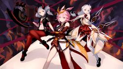  .l.l 3girls animal_ears bare_shoulders black_jacket blue_eyes bronya_zaychik bronya_zaychik_(dimension_breaker) drill_hair floating fox_ears full_body grey_eyes grey_hair hair_between_eyes hair_ornament highres holding holding_sword holding_weapon honkai_(series) honkai_impact_3rd jacket katana leggings legs multiple_girls navel pink_hair ponytail pose red_legwear sheath sheathed sword theresa_apocalypse theresa_apocalypse_(celestial_hymn) twin_drills violet_eyes weapon white_hair white_legwear yae_sakura yae_sakura_(flame_sakitama) 