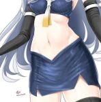  1girl bikini bikini_skirt black_gloves black_legwear blue_bikini blue_skirt breasts commentary_request cowboy_shot crop_top dated elbow_gloves gloves groin i-203_(kancolle) kantai_collection light_blue_hair long_hair medium_breasts midriff navel navel_focus neckerchief out_of_frame sailor_collar signature simple_background skirt solo standing swimsuit thigh-highs tk8d32 white_background white_neckwear white_sailor_collar zettai_ryouiki 