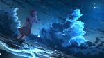  1girl abisswalker8 absurdres blue_sky clouds cloudy_sky commentary crescent_moon floating_hair hand_up highres huge_filesize moon night night_sky ocean original outdoors scenery shirt short_hair skirt sky soaking_feet solo standing star_(sky) starry_sky water waves 