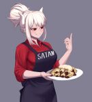  1girl apron bangs black_apron blunt_bangs breasts character_name collared_shirt commentary cowboy_shot cream demon_girl demon_horns demon_tail food grey_background grin hand_up helltaker highres holding holding_plate horns jdw large_breasts long_hair looking_at_hand lucifer_(helltaker) mole mole_under_eye plate ponytail red_eyes red_shirt shirt sleeves_past_elbows smile solo tail white_hair white_horns 