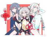  3girls black_hair blue_eyes china_dress chinese_clothes chinese_new_year closed_mouth double_bun dress error1980 fu_hua fu_hua_(valkyrie_accipter) hair_between_eyes highres holding honkai_(series) honkai_impact_3rd kiana_kaslana long_hair long_sleeves looking_at_viewer multiple_girls new_year open_mouth panties ponytail simple_background smile theresa_apocalypse theresa_apocalypse_(valkyrie_pledge) twintails underwear white_background white_hair 