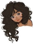  1girl artist_request bare_shoulders big_hair brown_eyes brown_hair bust curly_hair dark_skin freckles glasses hair_over_shoulder long_hair pouty_lips solo thick_eyebrows 