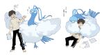  1boy altaria bangs barefoot black_pants brown_hair closed_eyes commentary_request fluffy gen_3_pokemon highres holding lying male_focus motion_lines multiple_views newo_(shinra-p) on_back open_mouth pants paper pokemon pokemon_(creature) shirt short_hair short_sleeves simple_background sleeping sparkle standing t-shirt toes translation_request white_background 