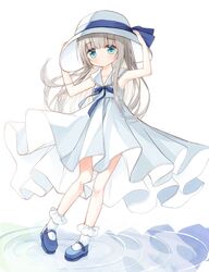  1girl arms_up bangs bare_arms blue_eyes blue_footwear blush bobby_socks closed_mouth collarbone commentary_request dress eyebrows_visible_through_hair grey_hair hands_on_headwear hat healer_girl_(yuuhagi_(amaretto-no-natsu)) long_hair original ripples shoes sleeveless sleeveless_dress socks solo sun_hat very_long_hair water white_background white_dress white_headwear white_legwear yuuhagi_(amaretto-no-natsu) 