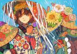  1girl absurdres bangs brown_eyes brown_hair floral_print flower hair_flower hair_ornament hands_together hat hat_flower highres japanese_clothes kimono leaf long_sleeves original parted_lips pink_flower print_kimono purple_flower qooo003 red_flower short_hair smile solo_focus yellow_flower 